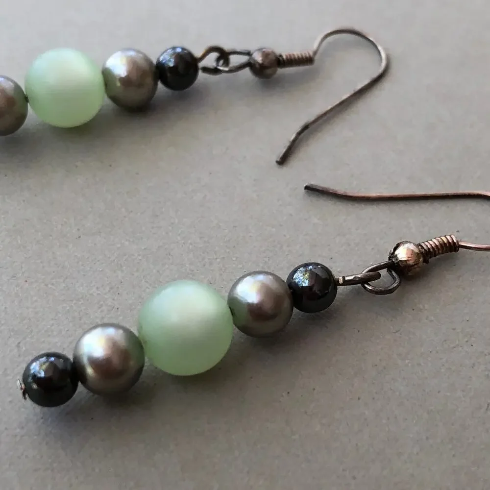 Green and Gray Dangle Statement Earrings Hook Faux Pearls Upcycled Handmade Gift